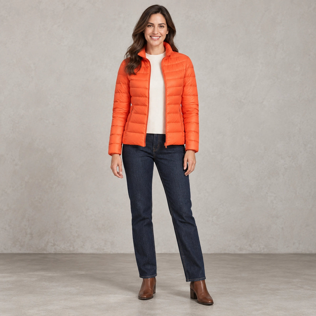 puffer jacket — Full front view; Orange; complete product worn by a happy adult model — view 5
