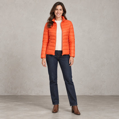 puffer jacket — Full front view; Orange; complete product worn by a happy adult model — view 5