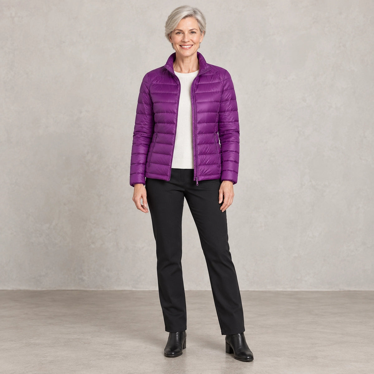 puffer jacket — Full front view; Violet; complete product worn by a happy adult model — view 6