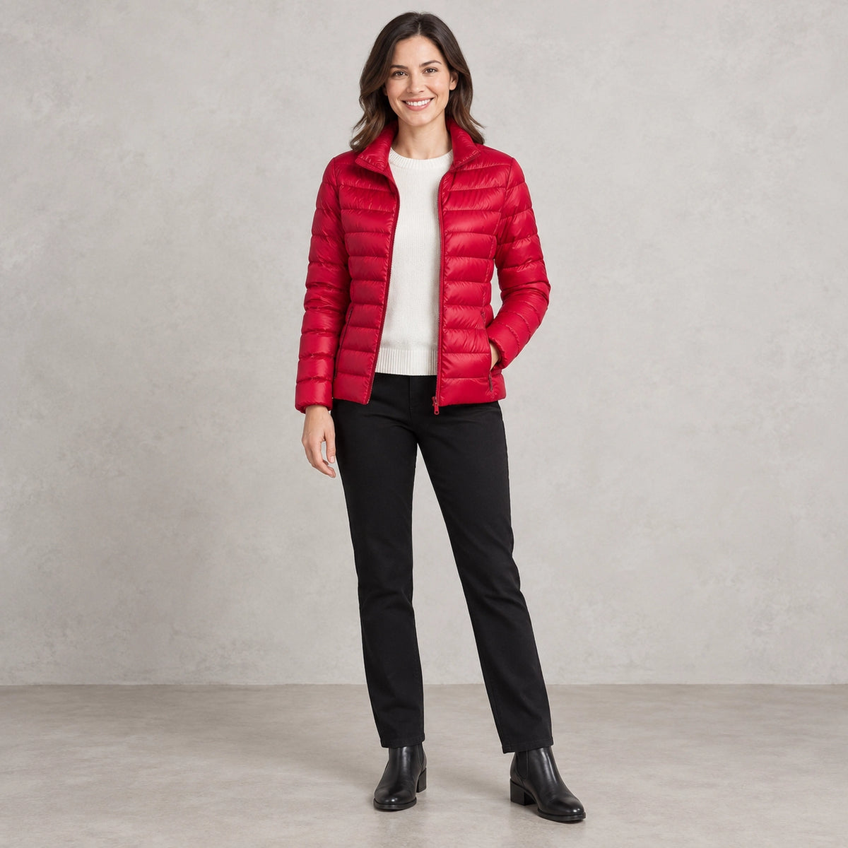 puffer jacket — Full front view; Red; complete product worn by a happy adult model — view 7