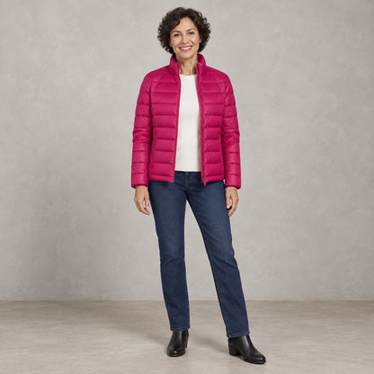 puffer jacket — Full front view; Fuchsia Pink; complete product worn by a happy adult model — view 8