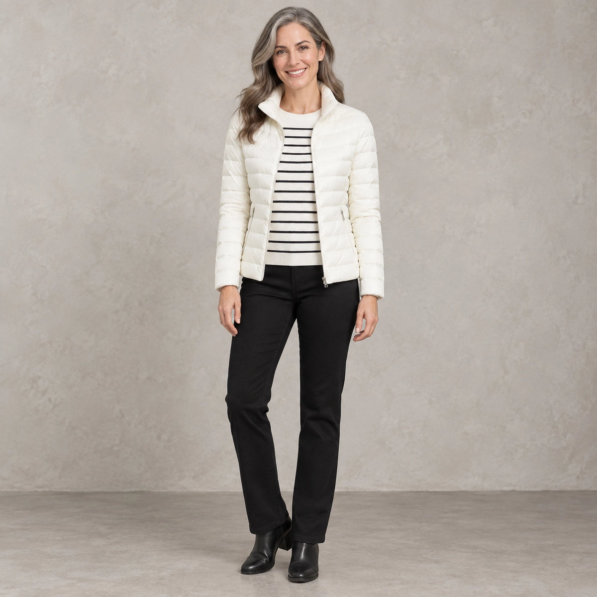 puffer jacket — Full front view; White; complete product worn by a happy adult model — view 9