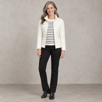 puffer jacket — Full front view; White; complete product worn by a happy adult model — view 9