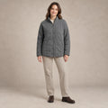 puffer jacket — Image; full front view; Dark Gray; complete product worn by a happy adult model