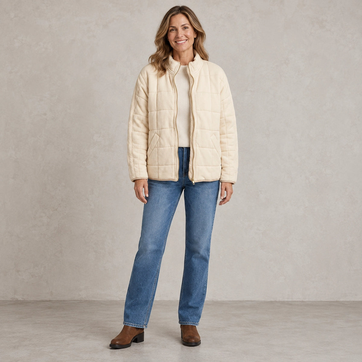 puffer jacket — Full front view; Cream; complete product worn by a happy adult model — view 10