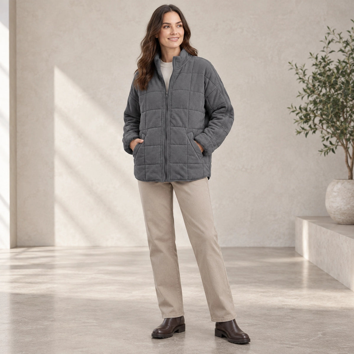 puffer jacket — Usa and Canada October–December three quarter view; Dark Gray; complete product worn by a happy — view 11