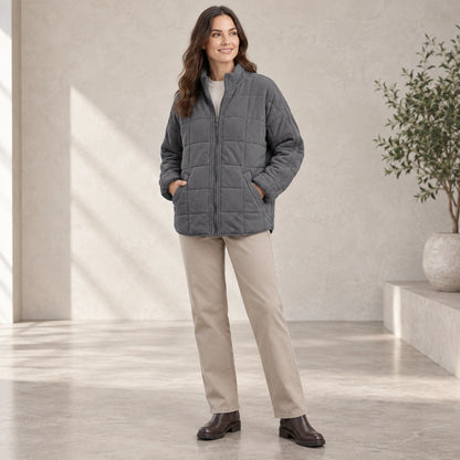 puffer jacket — Usa and Canada October–December three quarter view; Dark Gray; complete product worn by a happy — view 11