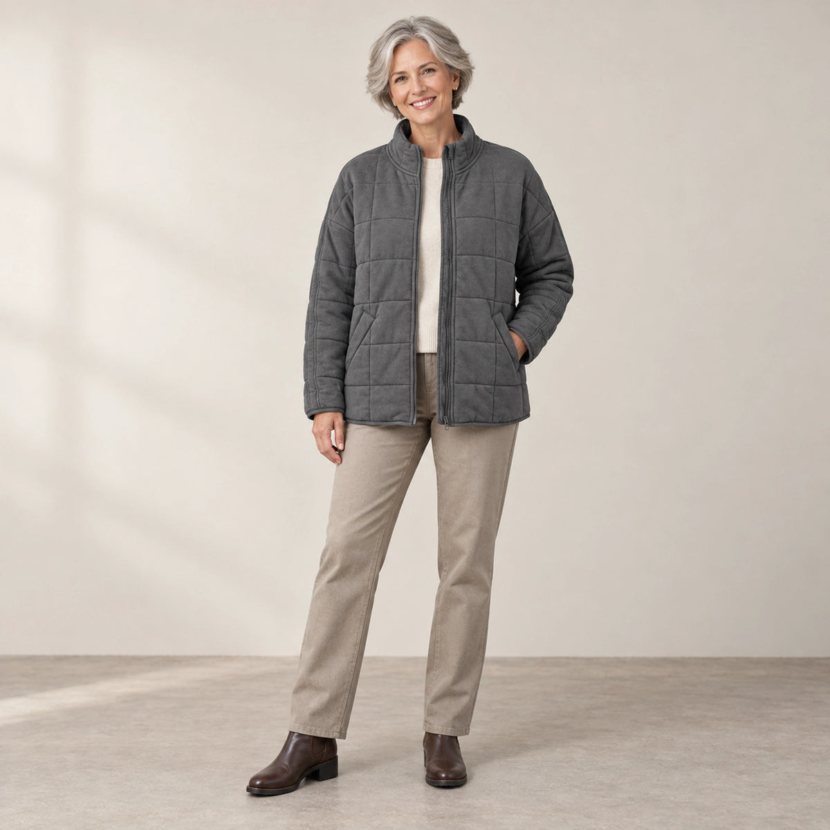 puffer jacket — Usa and Canada October–December alternate angle; Dark Gray; complete product worn by a happy adult — view 12
