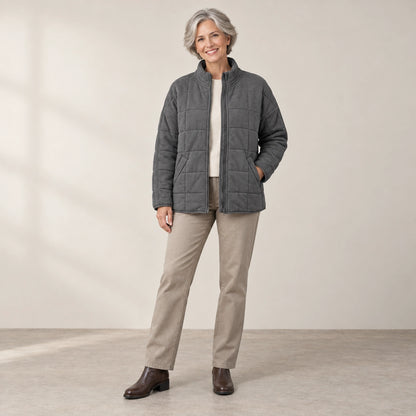 puffer jacket — Usa and Canada October–December alternate angle; Dark Gray; complete product worn by a happy adult — view 12