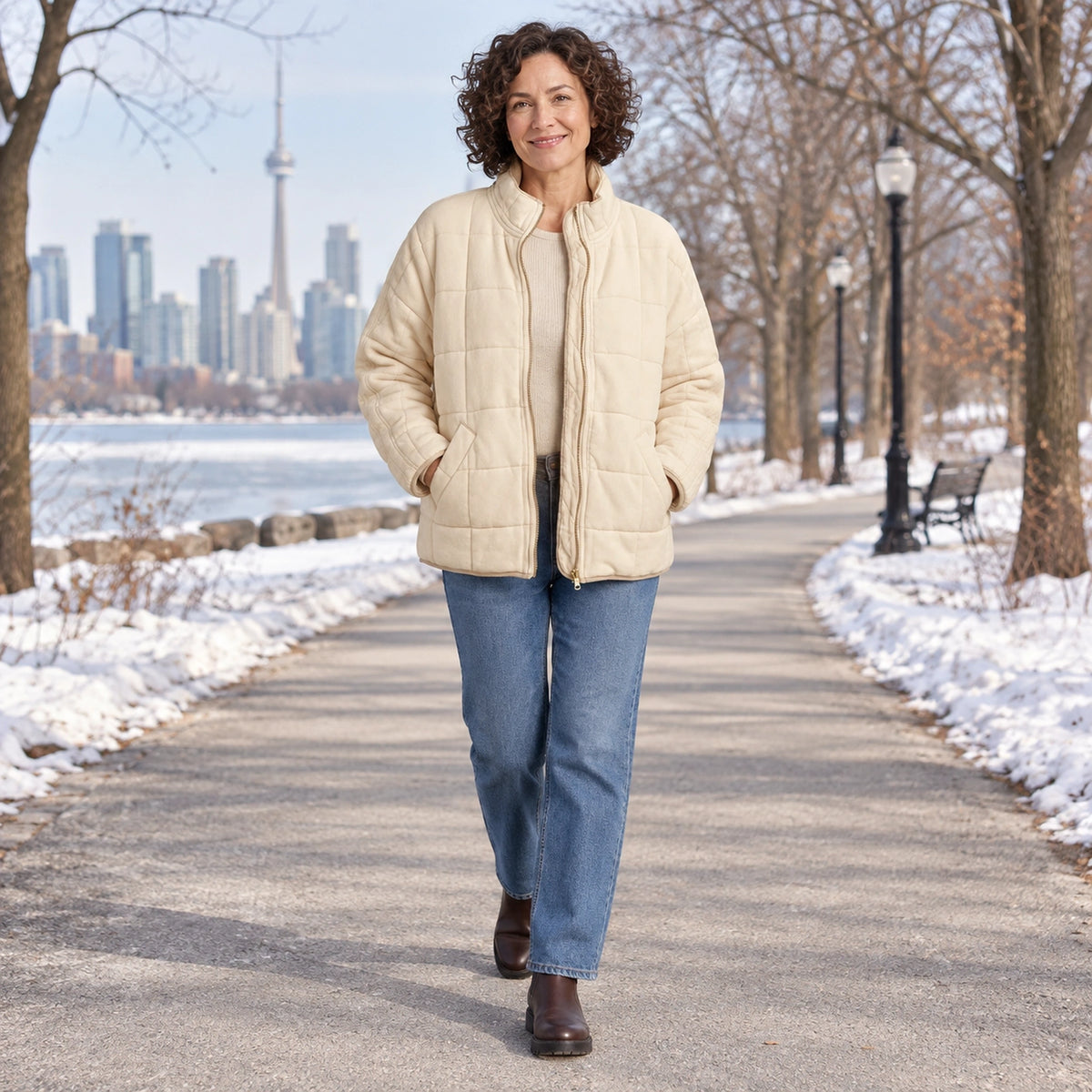 puffer jacket — Usa and Canada October–December 2; Cream; complete product worn by a happy adult model — view 14