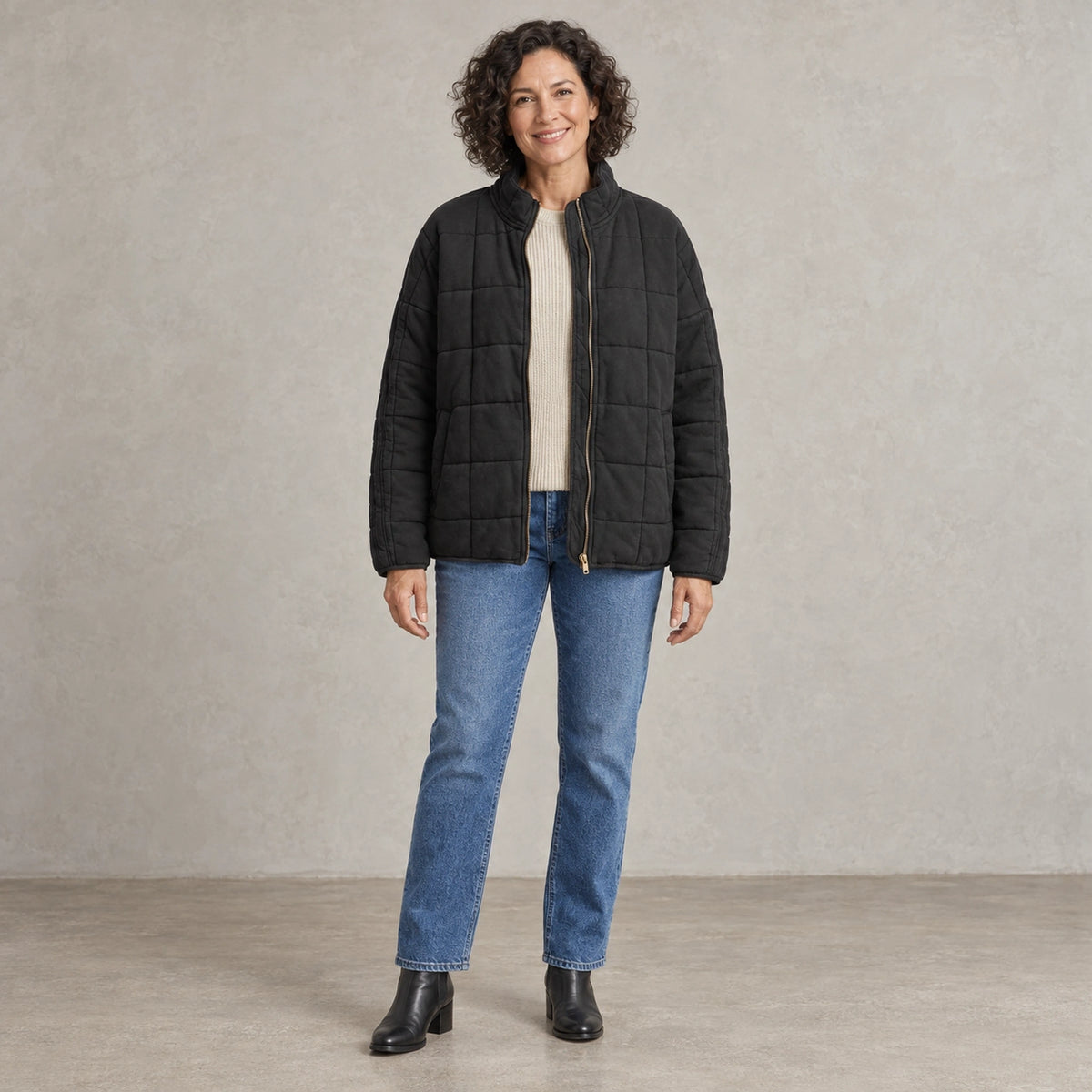 puffer jacket — Full front view; Black; complete product worn by a happy adult model — view 2