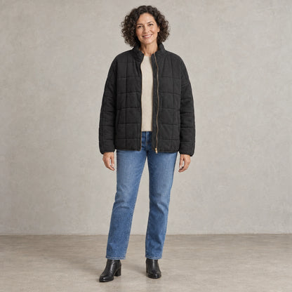 puffer jacket — Full front view; Black; complete product worn by a happy adult model — view 2
