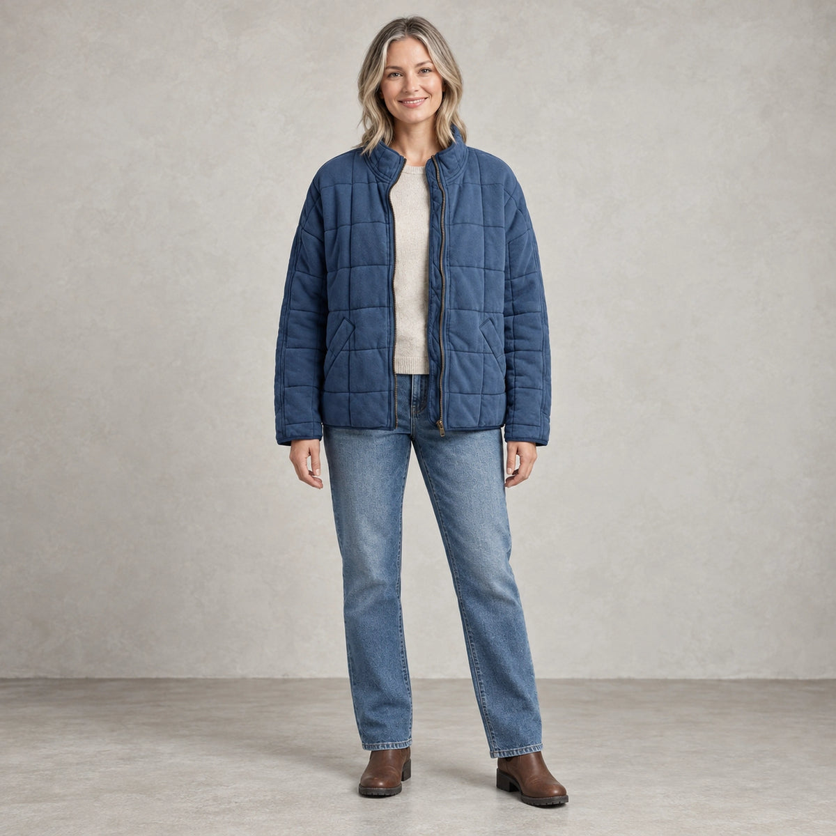 puffer jacket — Full front view; Dark Blue; complete product worn by a happy adult model — view 3