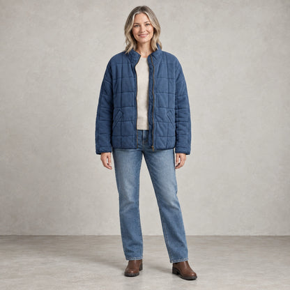 puffer jacket — Full front view; Dark Blue; complete product worn by a happy adult model — view 3