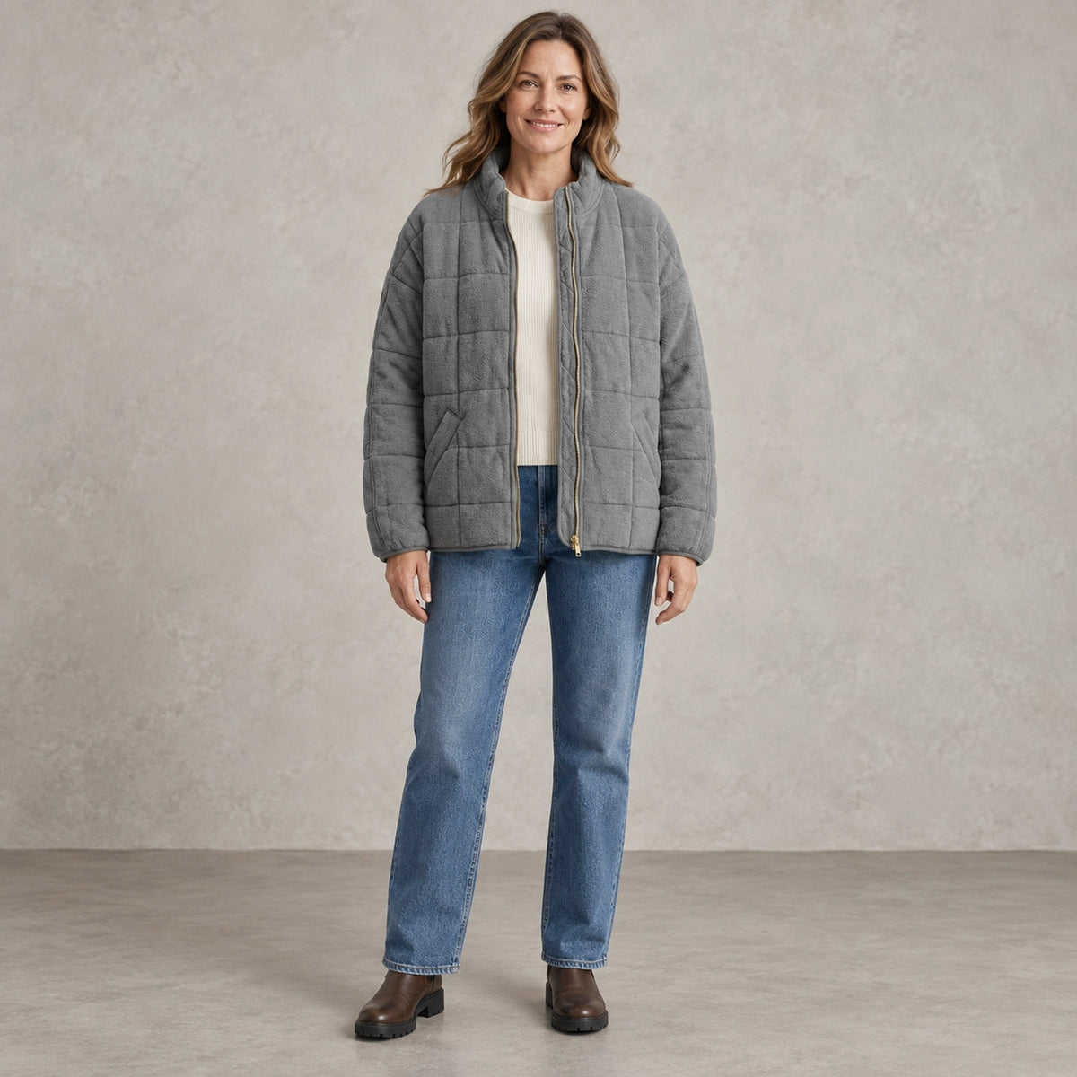 puffer jacket — Full front view; Gray; complete product worn by a happy adult model — view 4