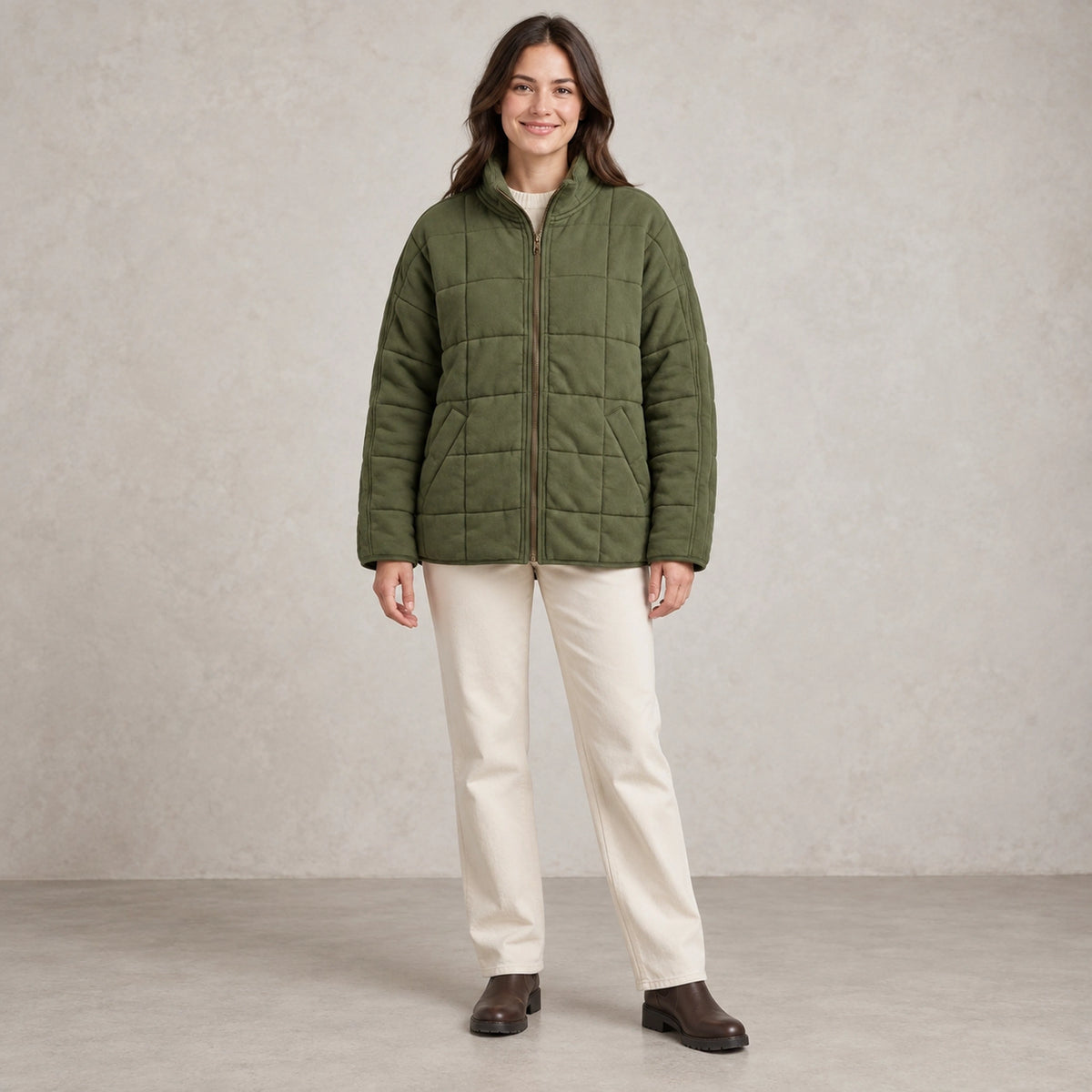 puffer jacket — Full front view; Olive Green; complete product worn by a happy adult model — view 5