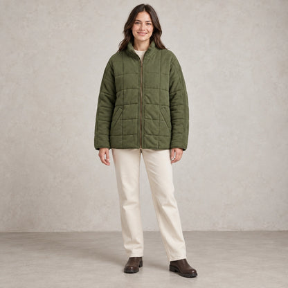 puffer jacket — Full front view; Olive Green; complete product worn by a happy adult model — view 5