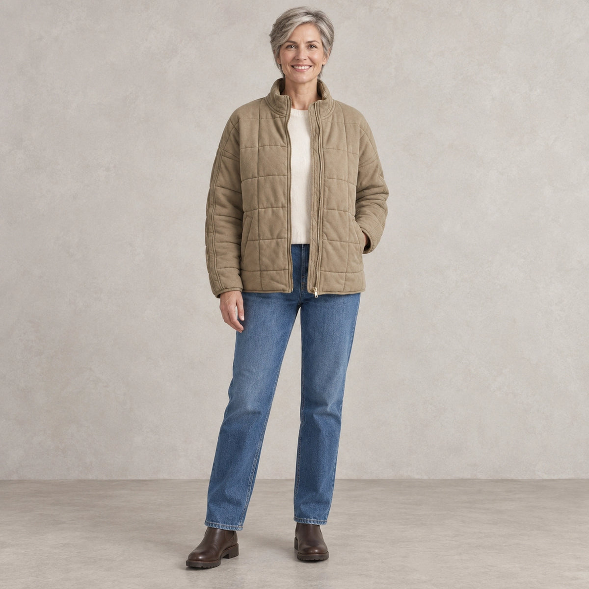 puffer jacket — Full front view; Khaki; complete product worn by a happy adult model — view 6