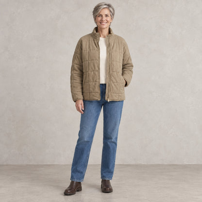 puffer jacket — Full front view; Khaki; complete product worn by a happy adult model — view 6