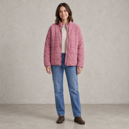 puffer jacket — Full front view; Dusty Pink; complete product worn by a happy adult model — view 7