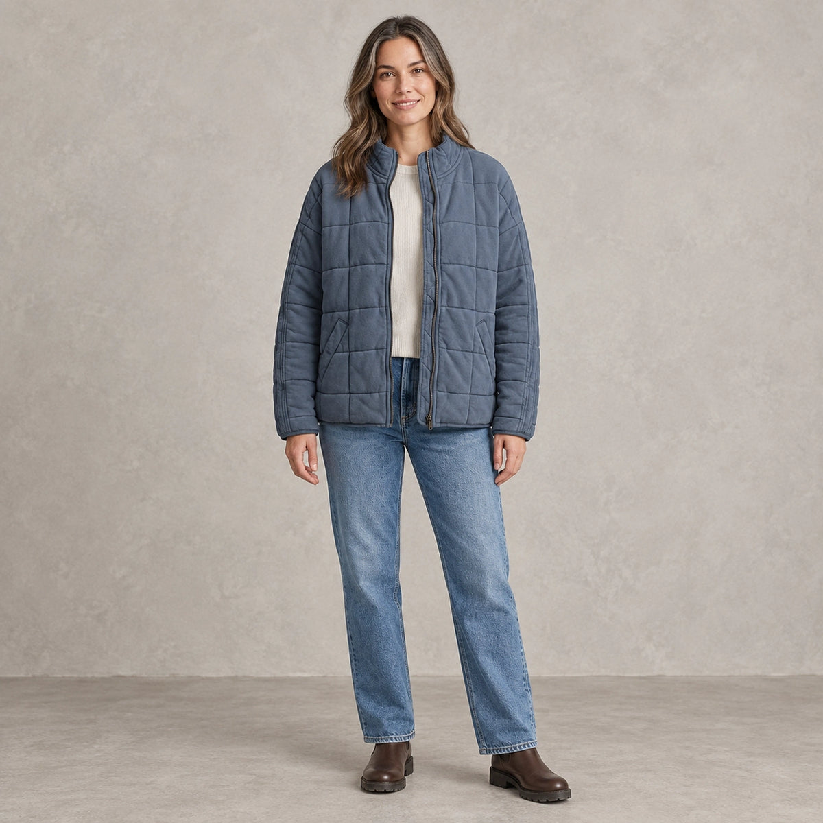 puffer jacket — Full front view; Blue Gray; complete product worn by a happy adult model — view 9