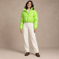 puffer jacket — Image; full front view; Neon Green; complete product worn by a happy adult model