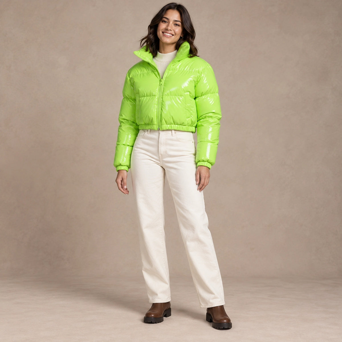 puffer jacket — Image; full front view; Neon Green; complete product worn by a happy adult model