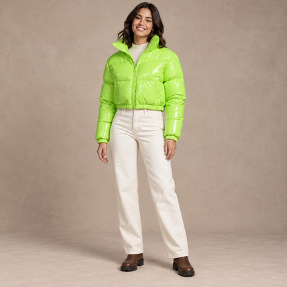 puffer jacket — Image; full front view; Neon Green; complete product worn by a happy adult model