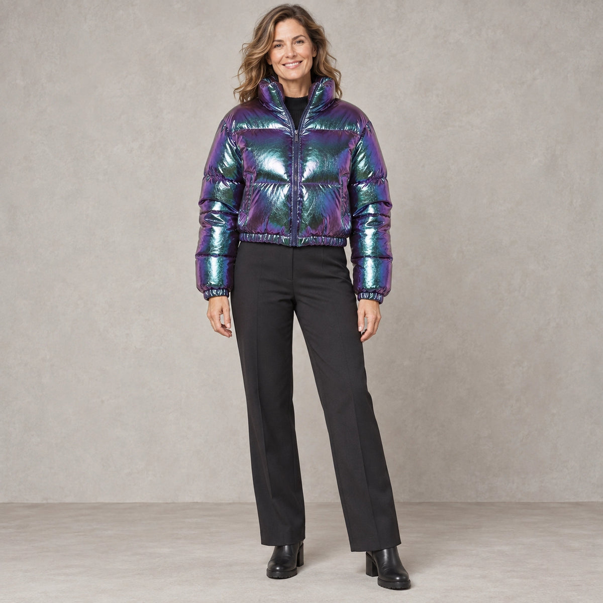 puffer jacket — Full front view; Iridescent Purple; complete product worn by a happy adult model — view 10