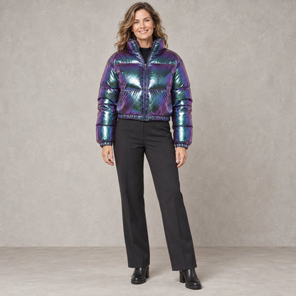puffer jacket — Full front view; Iridescent Purple; complete product worn by a happy adult model — view 10