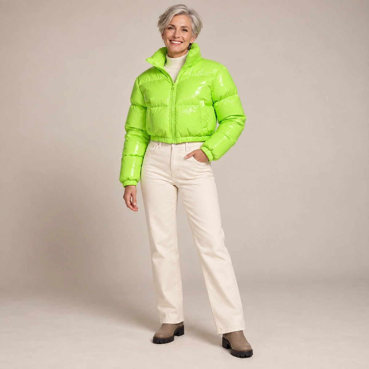 puffer jacket — Usa and Canada October–December alternate angle; Neon Green; complete product worn by a happy adult — view 12