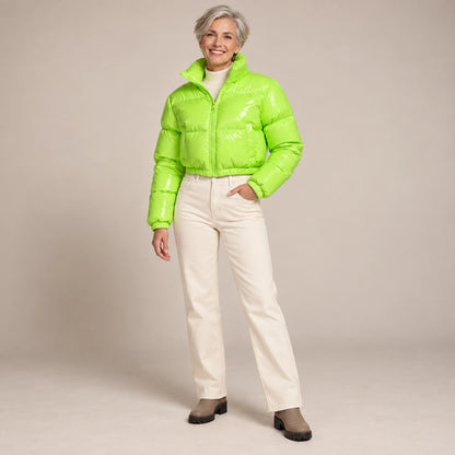 puffer jacket — Usa and Canada October–December alternate angle; Neon Green; complete product worn by a happy adult — view 12