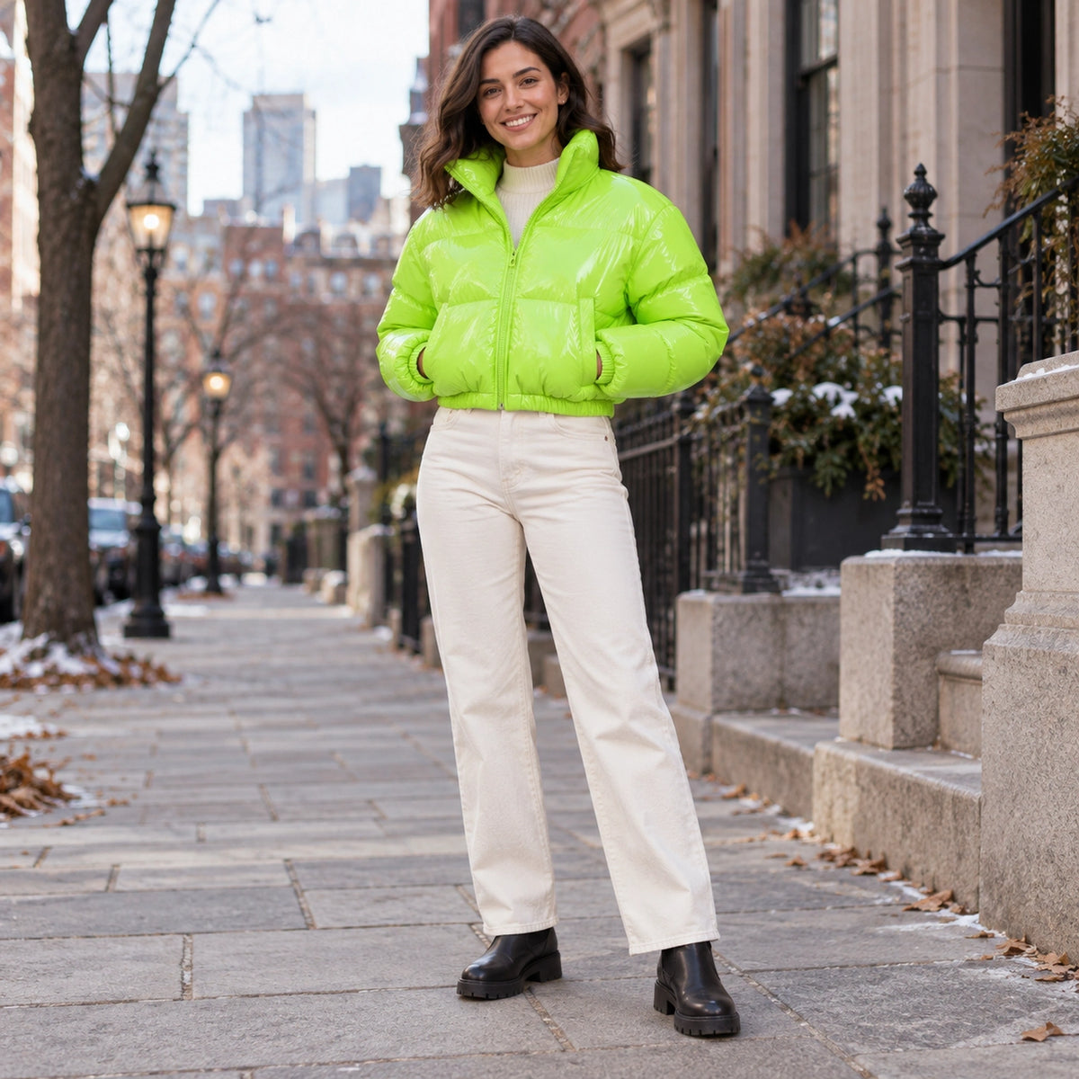 puffer jacket — Usa and Canada October–December 1; Neon Green; complete product worn by a happy adult model — view 13