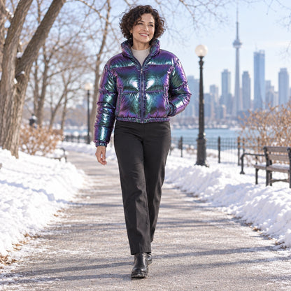 puffer jacket — Usa and Canada October–December 2; Iridescent Purple; complete product worn by a happy adult model — view 14