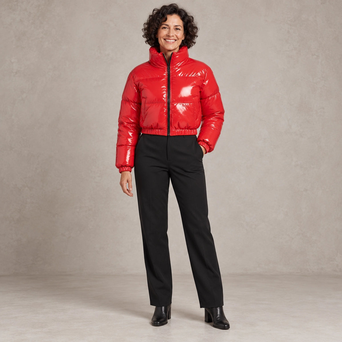 puffer jacket — Full front view; Red; complete product worn by a happy adult model — view 2