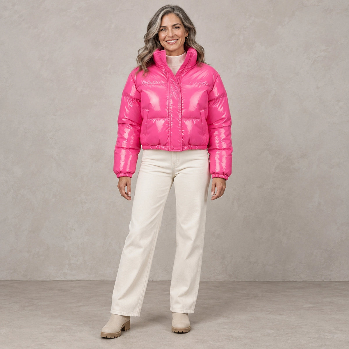 puffer jacket — Full front view; Pink; complete product worn by a happy adult model — view 3