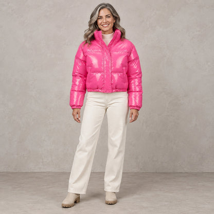 puffer jacket — Full front view; Pink; complete product worn by a happy adult model — view 3