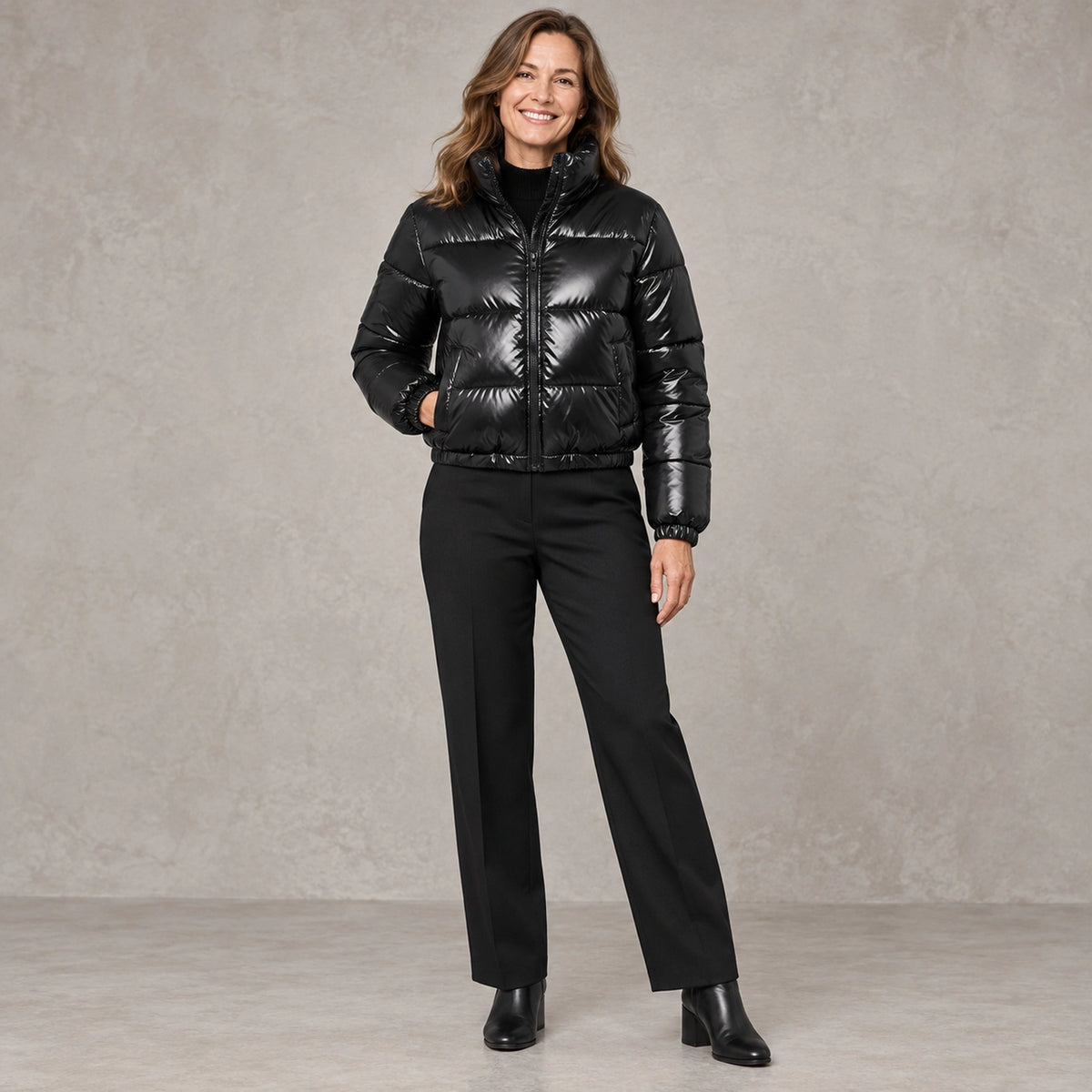 puffer jacket — Full front view; Black; complete product worn by a happy adult model — view 4