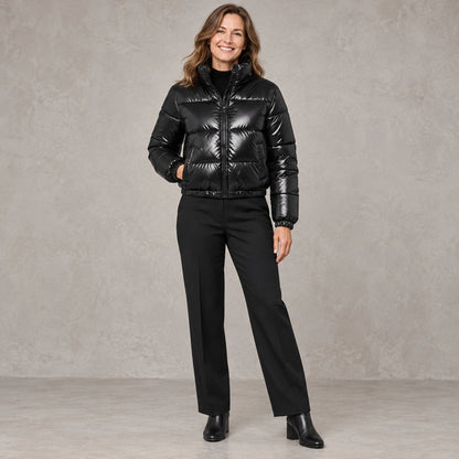 puffer jacket — Full front view; Black; complete product worn by a happy adult model — view 4