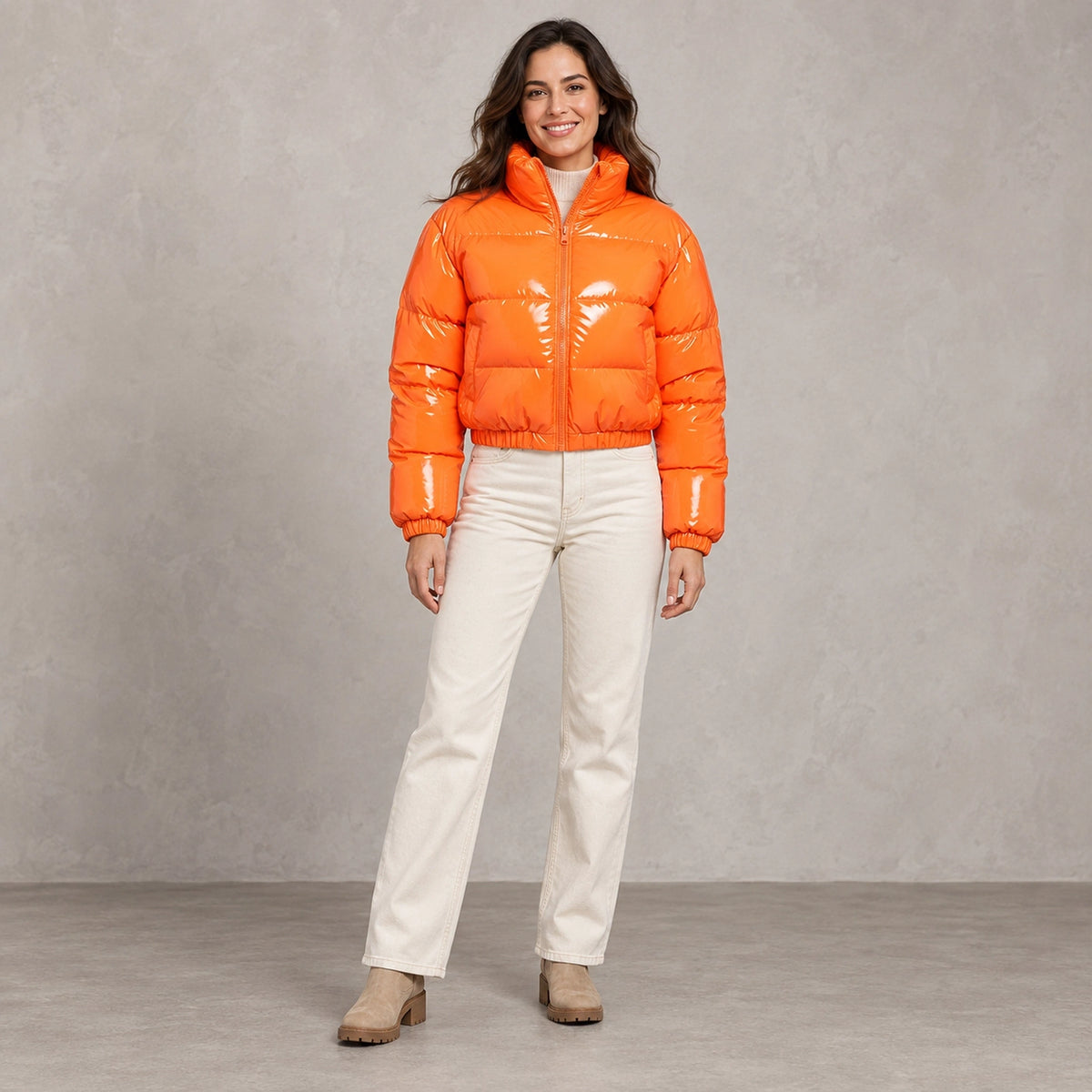 puffer jacket — Full front view; Orange; complete product worn by a happy adult model — view 5