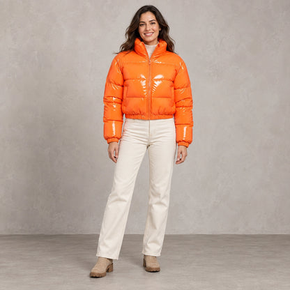puffer jacket — Full front view; Orange; complete product worn by a happy adult model — view 5