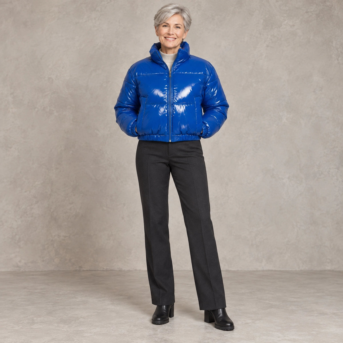 puffer jacket — Full front view; Blue; complete product worn by a happy adult model — view 6