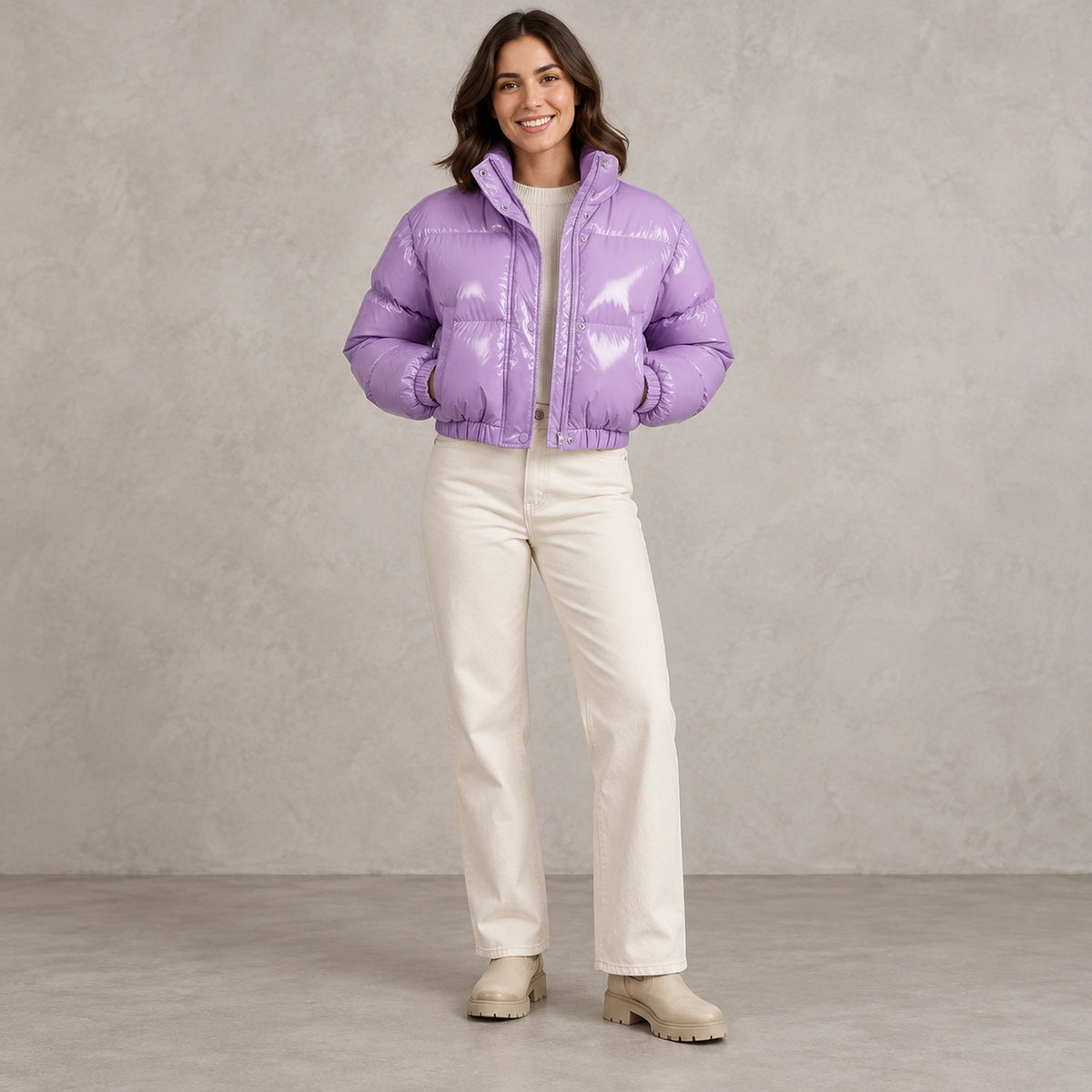 puffer jacket — Full front view; Lilac; complete product worn by a happy adult model — view 7