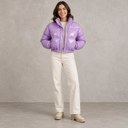 puffer jacket — Full front view; Lilac; complete product worn by a happy adult model — view 7
