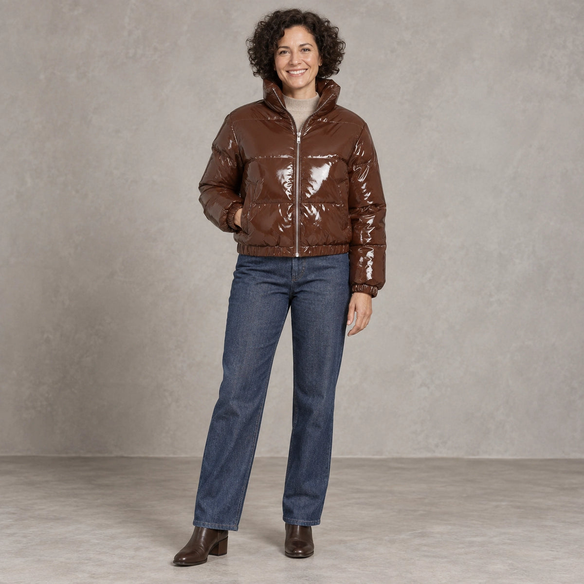 puffer jacket — Full front view; Brown; complete product worn by a happy adult model — view 8