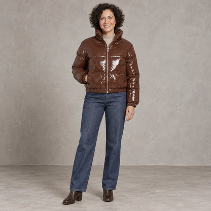 puffer jacket — Full front view; Brown; complete product worn by a happy adult model — view 8