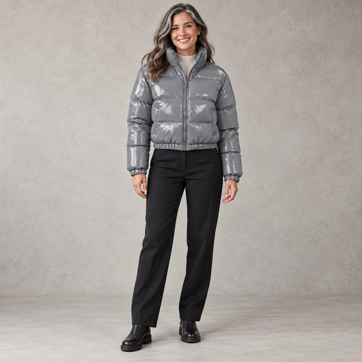 puffer jacket — Full front view; Gray; complete product worn by a happy adult model — view 9