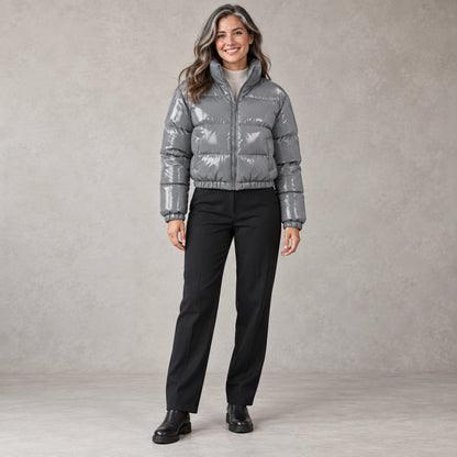 puffer jacket — Full front view; Gray; complete product worn by a happy adult model — view 9