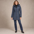 puffer jacket — Image; full front view; Slate Blue; complete product worn by a happy adult model