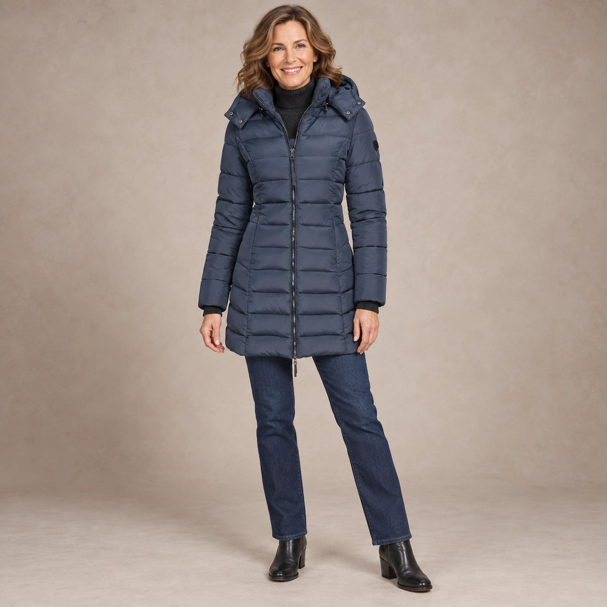 puffer jacket — Image; full front view; Slate Blue; complete product worn by a happy adult model